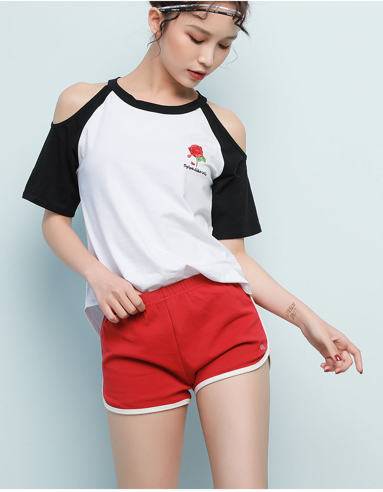 Runaway Loli Thể thao Tay ngắn In áo thun lệch vai Cotton thoáng khí Sinh viên Vòng cổ Yoga Chạy bộ - Áo phông thể thao áo top tank