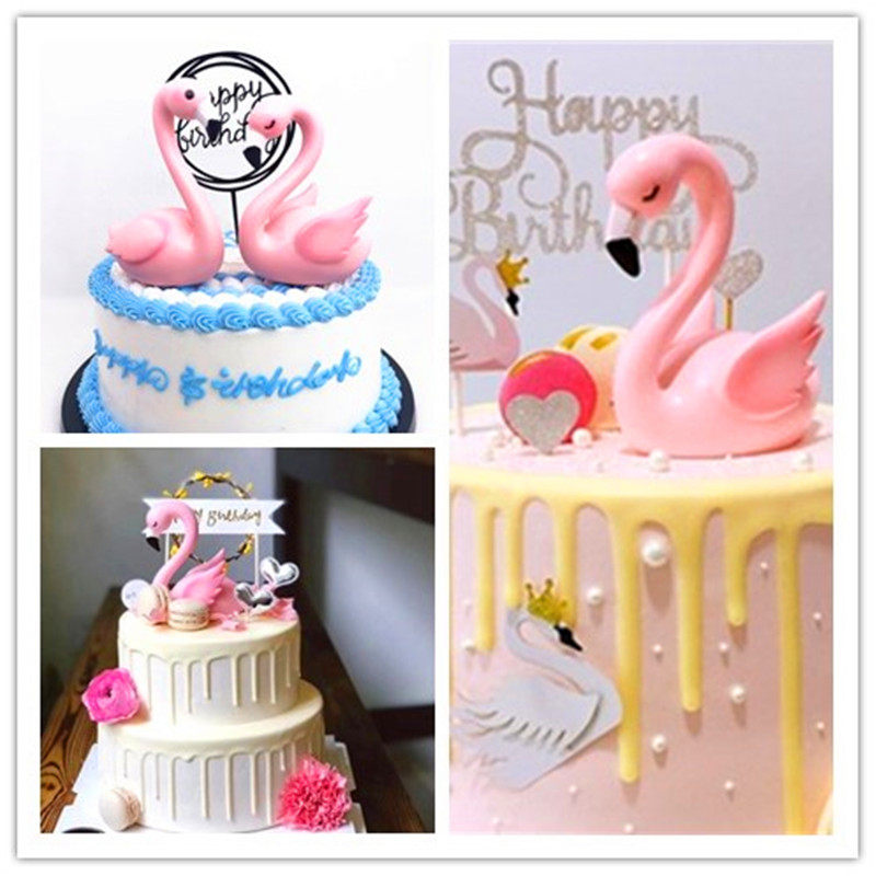 Dessert table baked birthday cake decoration decoration luminous pink flamingo lovebird swan scene plug-in