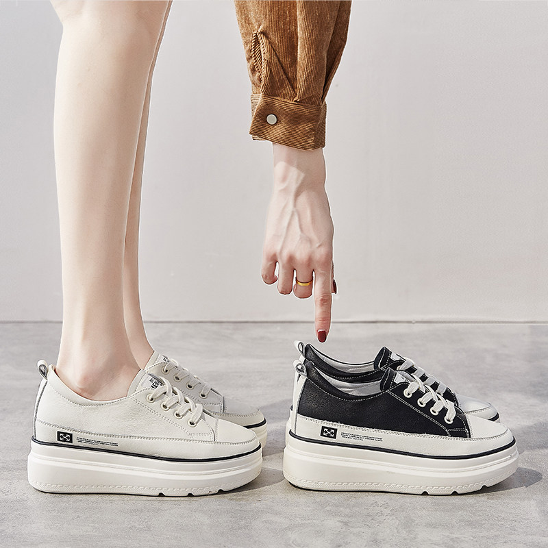 Platform shoes women's thick bottom 2022 autumn leather inner heightening canvas shoes all-match sports small white shoes dad casual bag shoes
