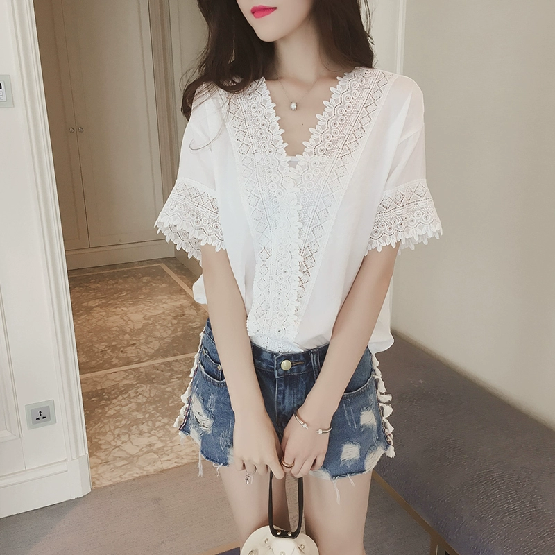 Mùa hè ren voan ngắn tay áo sơ mi nữ phiên bản Hàn Quốc của quần áo phụ nữ thủy triều cộng với kích thước quần áo sexy trên cùng áo thun ngắn rộng rãi - Áo sơ mi chiffon ren