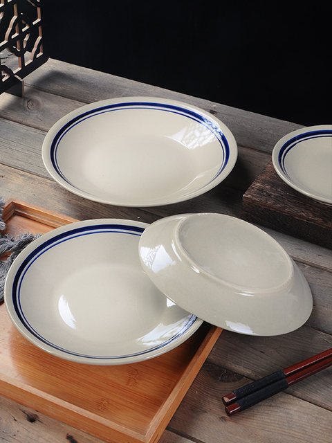 Ceramic Plates for Commercial and Home Use, Round Plates for Catering and Restaurants, Special Dish Plates for Hot Pot, Vintage Double-Line Shallow Plates, Flat Plates