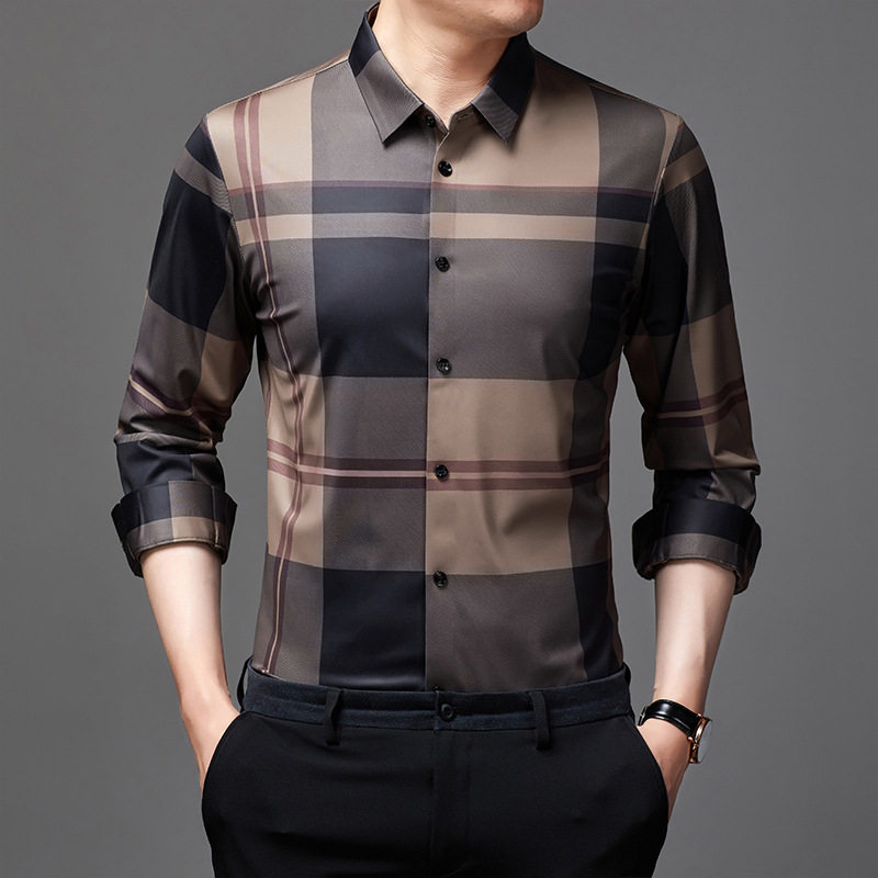 High-end Mulberry Silk Plaid Long Sleeve Shirt Male Spring Autumn 2022 New Middle Aged Casual Fashion Tide Card Men's Shirt