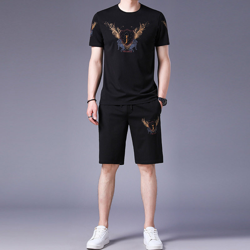 Sports suit men's summer mulberry silk casual fashion trend brand clothes Ice silk embroidery men's T-shirt short-sleeved shorts