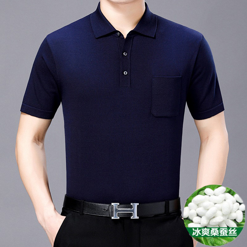 High-end Dad summer clothing short sleeves T-shirt men's summer mulberry silk turtlenecks Men's POLO shirts for older ice silk men's clothing