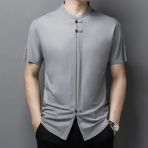 High-end China Wind Ice Silk Short Sleeve Shirt Male Summer Pan Button Collar Casual Business Mens Dad Summer Clothing Lining Clothing