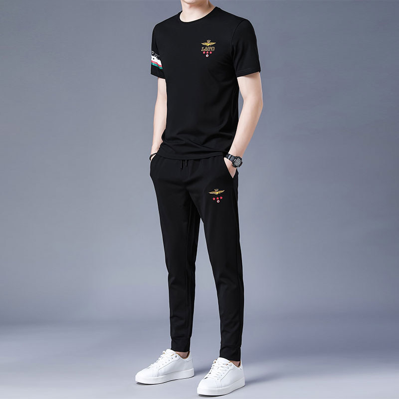 Summer High-end Casual Suit Men's New Middle Youth Men's Ice Silk Short Sleeve T-shirt Men's Pants Sports Two Suits