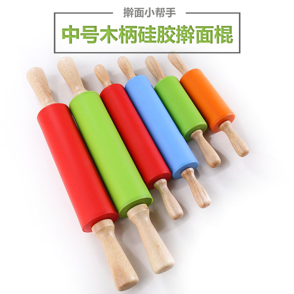 Baking tools silicone rolling pin solid wood handle roller non-stick food flour stick size dough dumpling stick
