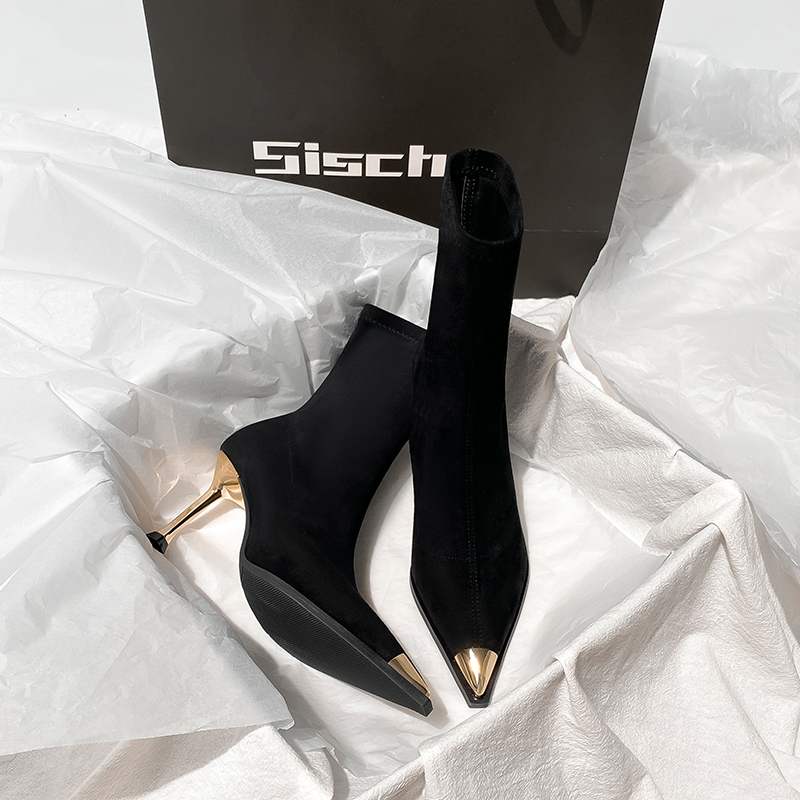 Xishi 金属つま先黒ブーツ女性の 2024 秋と冬の新尖ったスエードハイヒールショートブーツスリムブーツ細いヒール