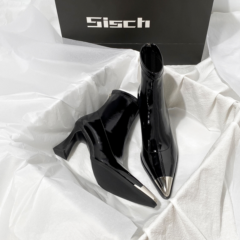 Xishi Black Pointed-Toe High-Heeled Short Boots for Women 2026 Autumn and Winter New Style Back Zipper Shiny Leather Versatile Slim Boots Short Boots Xishi Black Pointed-Toe High-Heeled Short Boots for Women 2026 Autumn and Winter New Style Back Zipper Shiny Leather Versatile Slim Boots Short Boots