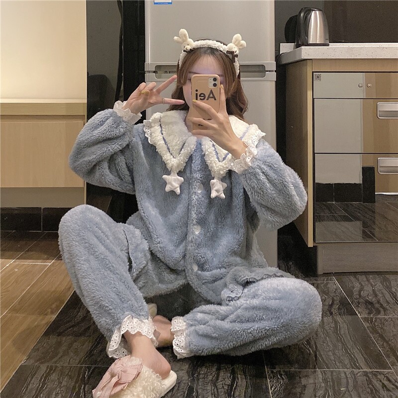 VIRRI CIAGA ~ doll collar cute star pyjamas sleeping pants suit woman autumn winter plush velvet princess wind