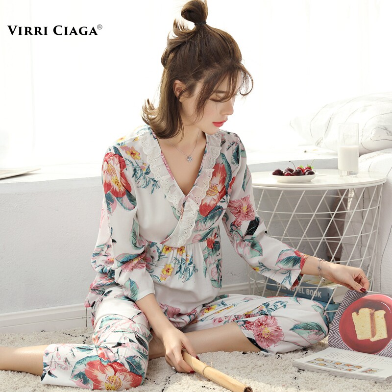 Spring and autumn sky silk pyjamas ladies' long sleeves thin section pure cotton silk suit Korean version large size Fashion can be worn outside of home clothes