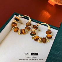 Real Gold Plated Round Tiger Eyes Stone Ear Buckle Autumn Winter Retro Fashion Earrings Temperament Superior Ear Accessories Manufacturer