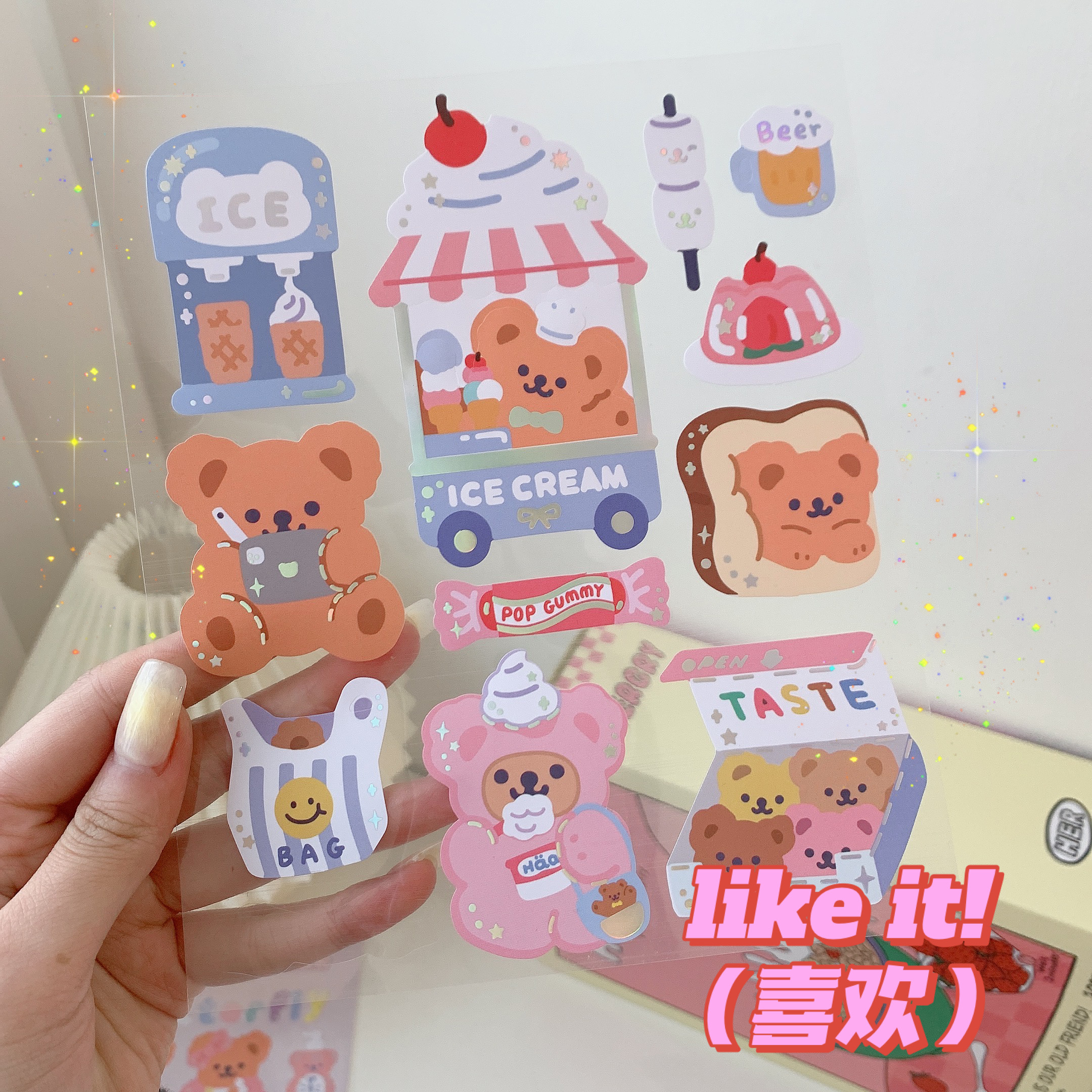 Teenage Girl Hearts Release Room New Band Laser Glitter No Mark Stickers Cute Little Bear Waterproof Water Glasses Decoration Sticker
