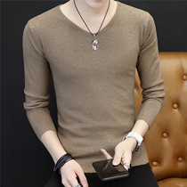 Plus velvet padded T-shirt Korean V-neck mens long sleeve knitwear base shirt mens autumn clothes trend warm clothes