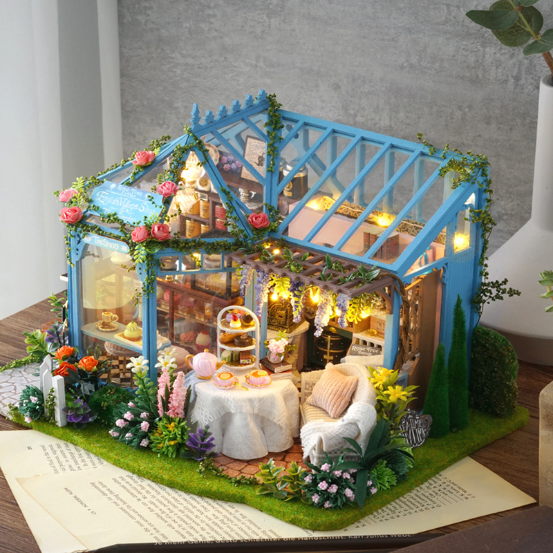 Zhiquwu DIY Miniature House Rose Garden Tea House Handmade Assembly Model Miniature Villa Creative Birthday Gift for Women