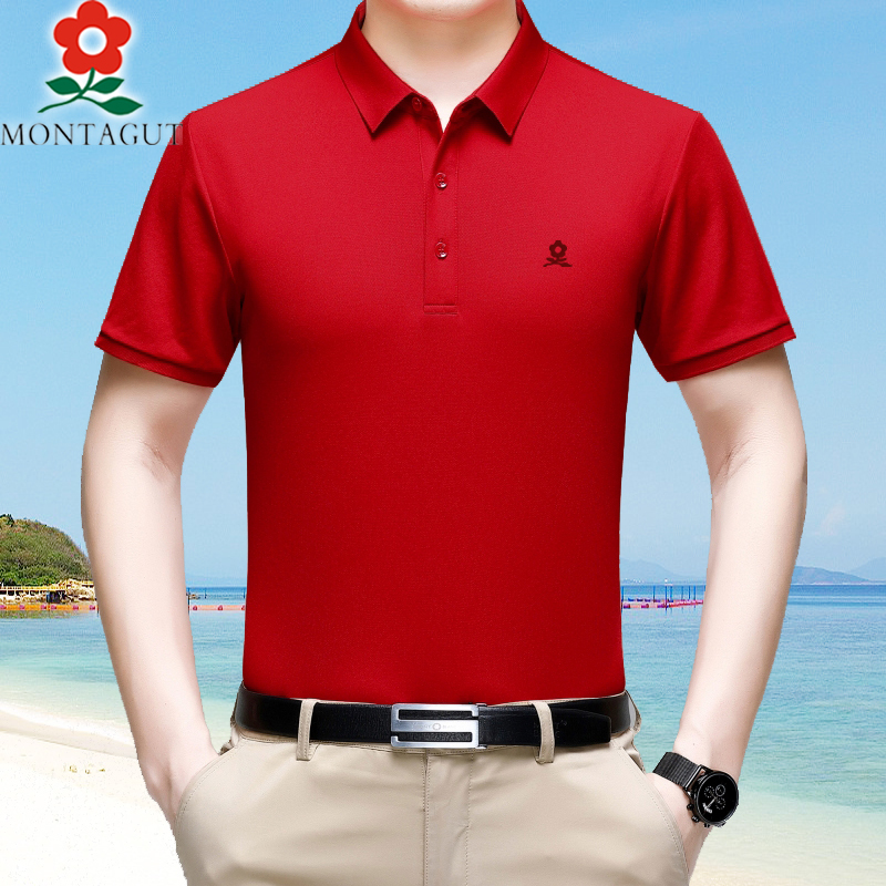 Montagut Men's Short-Sleeved T-Shirt Middle-Aged Lapel Mulberry Silk Red Half-Sleeved T-Shirt Chinese Red Animal Year Polo Shirt Montagut Men's Short-Sleeved T-Shirt Middle-Aged Lapel Mulberry Silk Red Half-Sleeved T-Shirt Chinese Red Animal Year Polo Shirt