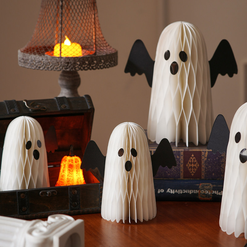 Halloween pumpkin lantern themed decorations, ghost costumes, small ornaments, shop scene decorations, desktop photo props