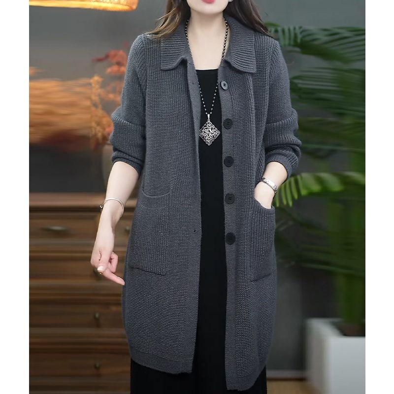 Spring and Autumn Loose Knit Cardigan New Style Mother's Clothing Stylish Mid-Length Coat with Lapel and Pockets Sweater Outerwear Spring and Autumn Loose Knit Cardigan New Style Mother's Clothing Stylish Mid-Length Coat with Lapel and Pockets Sweater Outerwear