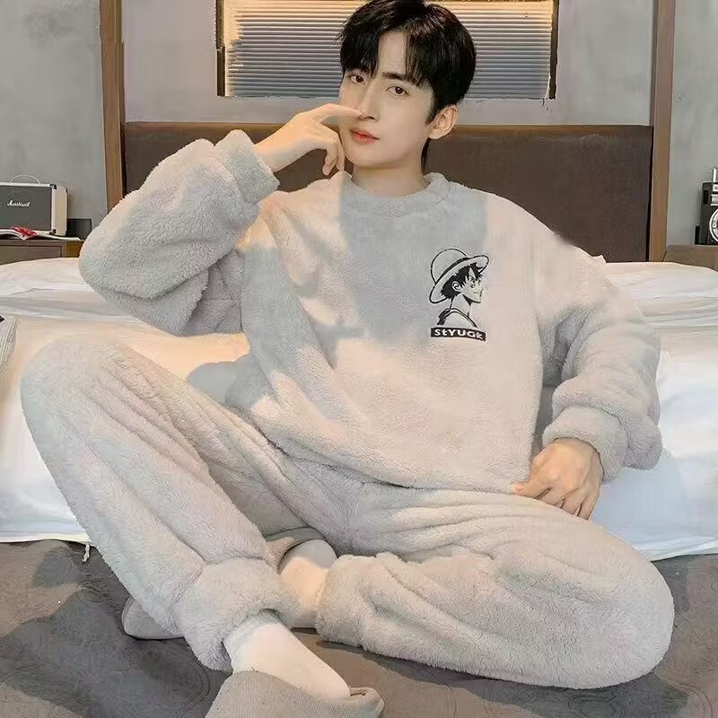 Men's Pajamas for Autumn and Winter, Coral Fleece Long-Sleeve Long Pants, Thickened Warm Flannel, Cartoon Loungewear for Teenagers, Suitable for Wearing Outside