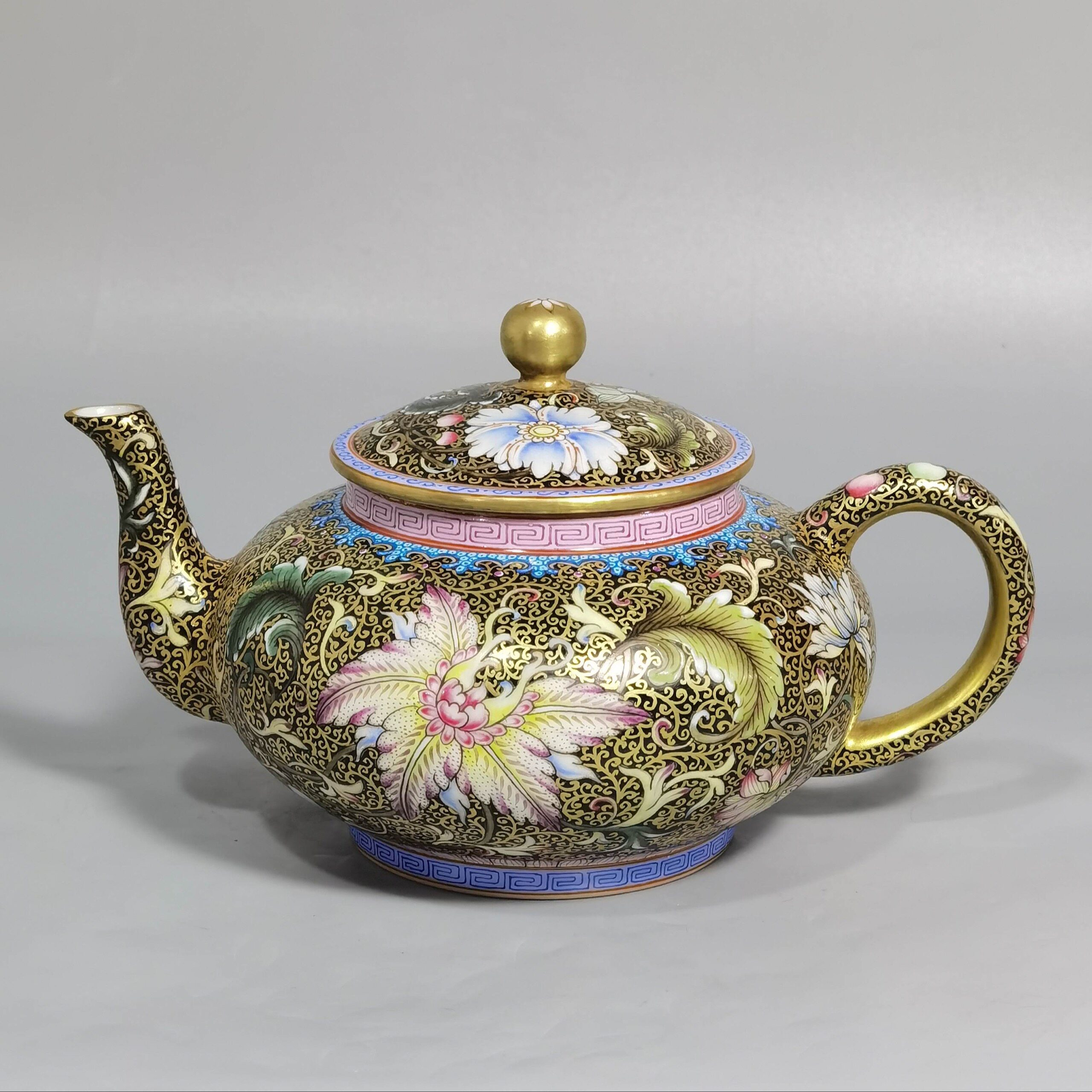 清代乾隆珐琅彩花卉勾金茶壶一个古玩古董景德镇老瓷器艺术品-淘宝
