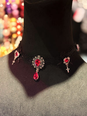 DarkInLove Gothic Ruby Heart-shaped Cross Lace Necklace ACK153, Made in Hell