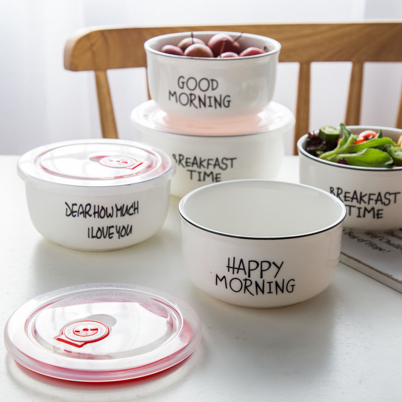 Sealed Ceramic Refreshing Bowl Single Microwave Oven With Lid Lunch Box Lunch Bowl with cover CUHK Home 5 Students 6 inches
