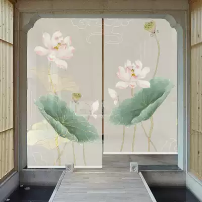 Lotus new Chinese rolling curtain lifting tea room soft partition window porch door curtain dining room hanging curtain ink painting living room curtain