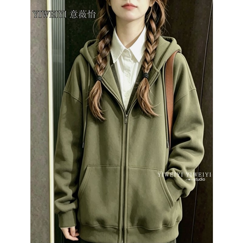 Heavyweight Cotton Army Green Hooded Sweatshirt Jacket for Women, Early Autumn Thin Zip-Up Cardigan, American-Style Lazy Chic Top
