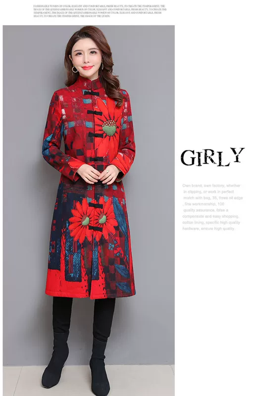 Mùa thu đông 2019 áo khoác cotton mới nữ phong cách quốc gia kích thước lớn nữ trung và cotton dài cộng với áo khoác nhung dày - Trench Coat