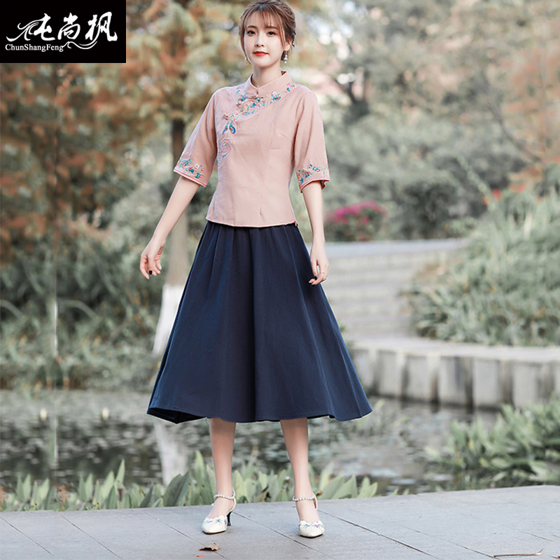 Trung Quốc Tang váy cải thiện Han quần áo mùa xuân và mùa hè Trung Quốc gió retro lanh sườn xám áo khoác bông thêu phù hợp với trà hai mảnh bộ
