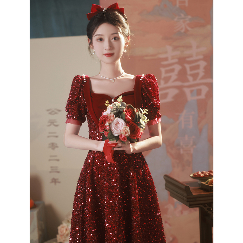 French-Style Toast Dress for the Bride 2025 New High-End Sequin Engagement Dress for Petite Women Wedding Homecoming Dress for Women