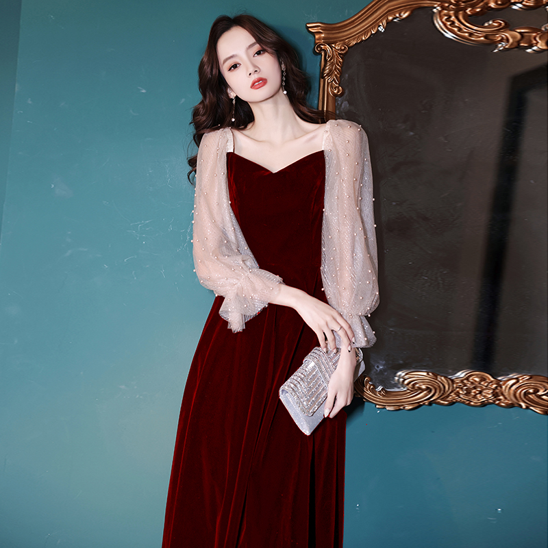 Evening dress, advanced clothing, velvet wedding dress for bride, suitable for teen, high-quality style
