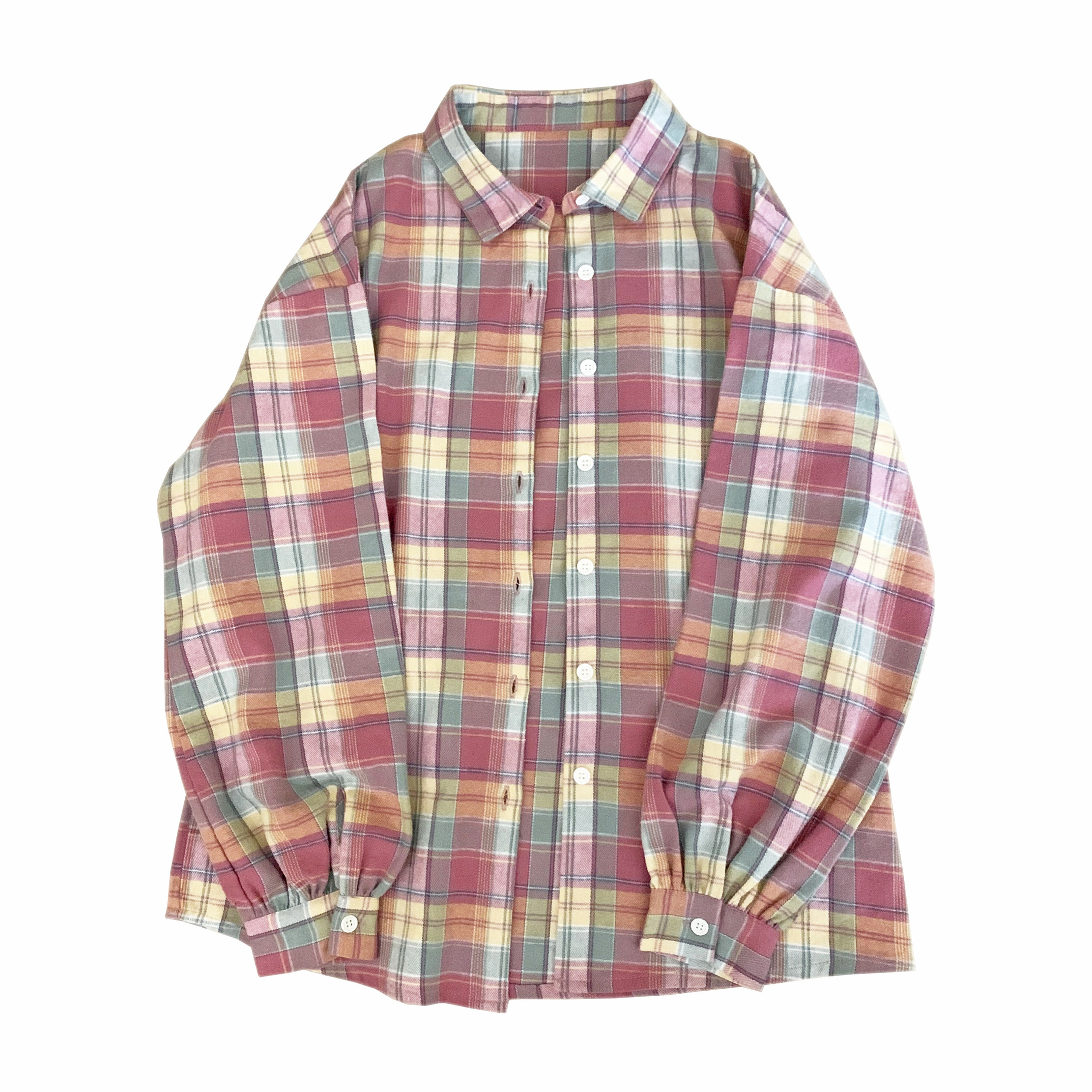 Retro distressed brushed rainbow color plaid casual all-match loose plaid shirt W