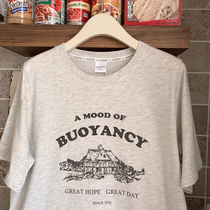 Loose Positive Shoulder American Vintage Letter Printed House Oat Grey Round Collar Short Sleeve U