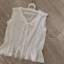 Full embroidered retro French style teenage white cotton fabric pure cotton lace beating bottom to match the Machia shirt H