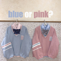 Original academic style sweet girl letter pink blue student curling V-neck knitwear K