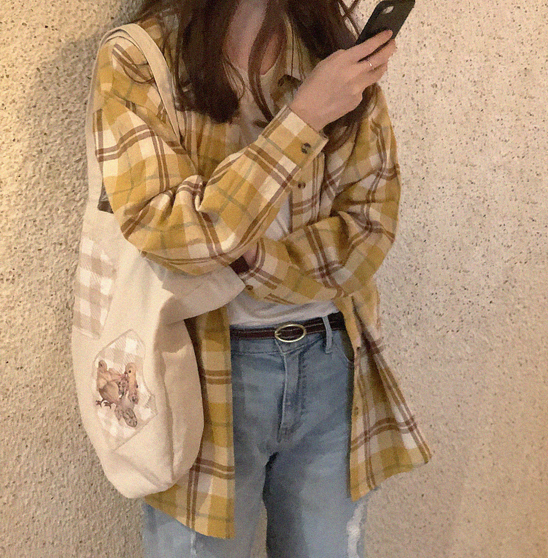 Vintage old brushed yellow and white casual wild loose plaid shirt W