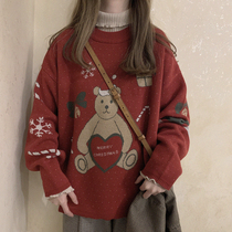 Original Christmas Loving Gift Little Bear Cute Retro Teenage Girl Ultra Loose Red Sweater K
