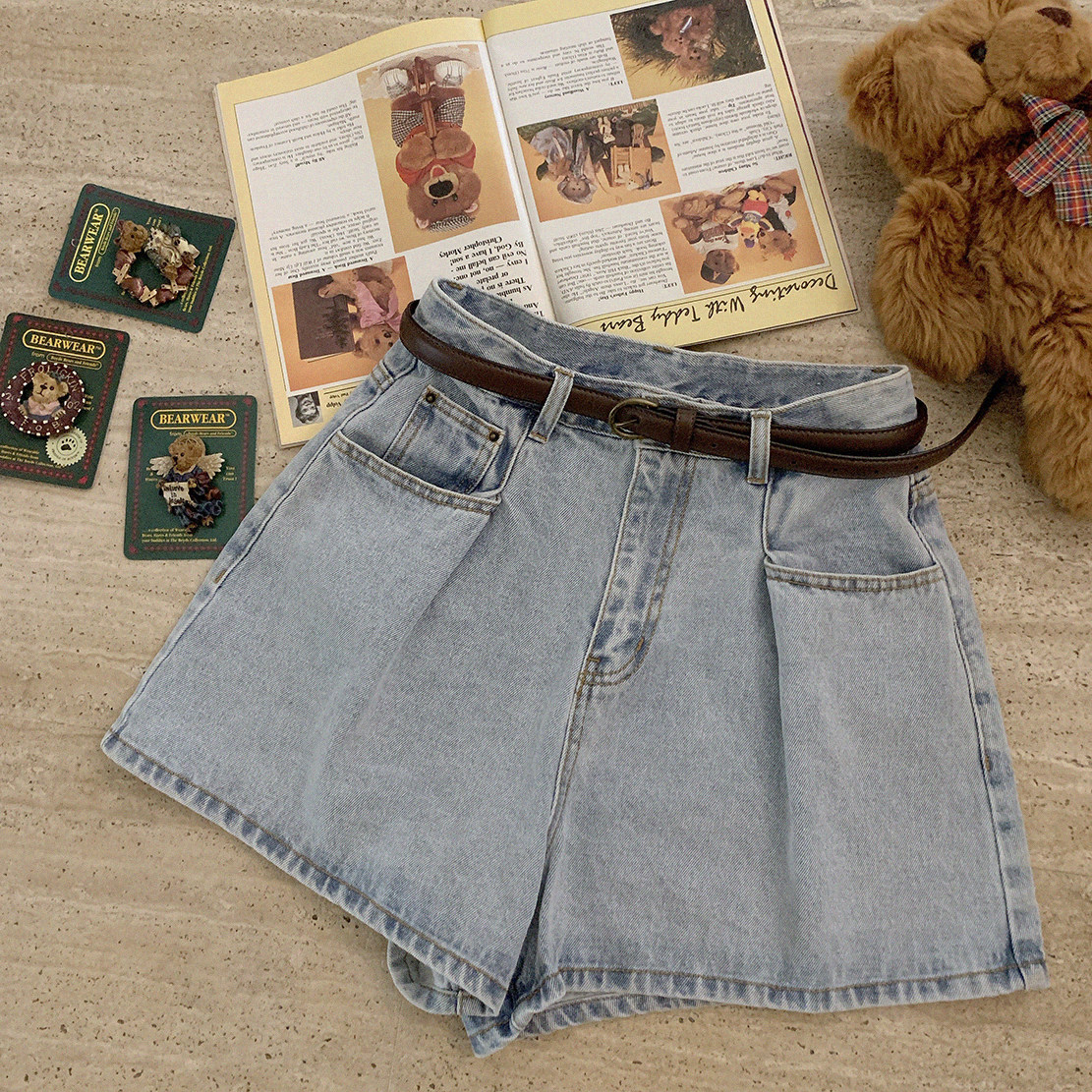Retro Cute Teenage Girl Beats Pleats Broadlegged Base Section 100 Hitch Loose Blue Denim Shorts H