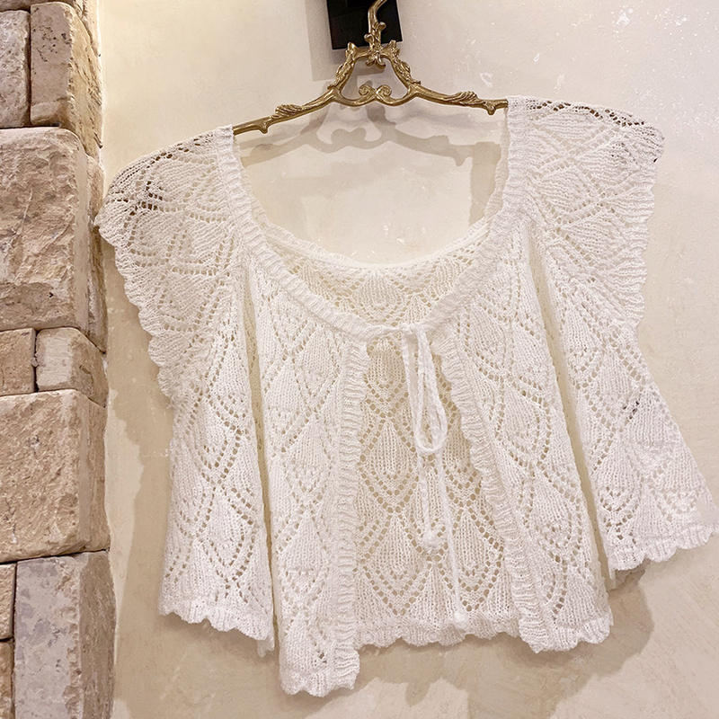 Tt Yarn, Feather Hollow Design, Pure Handmade Crochet Rope, Vintage, Summer, Short Style, Knitted Cardigan K Tt Yarn, Feather Hollow Design, Pure Handmade Crochet Rope, Vintage, Summer, Short Style, Knitted Cardigan K