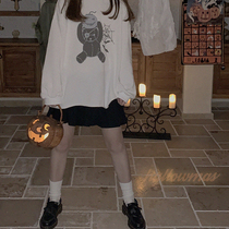 Original Halloween monocular pumpkin small Bear wool side white loose long sleeve T-shirt H