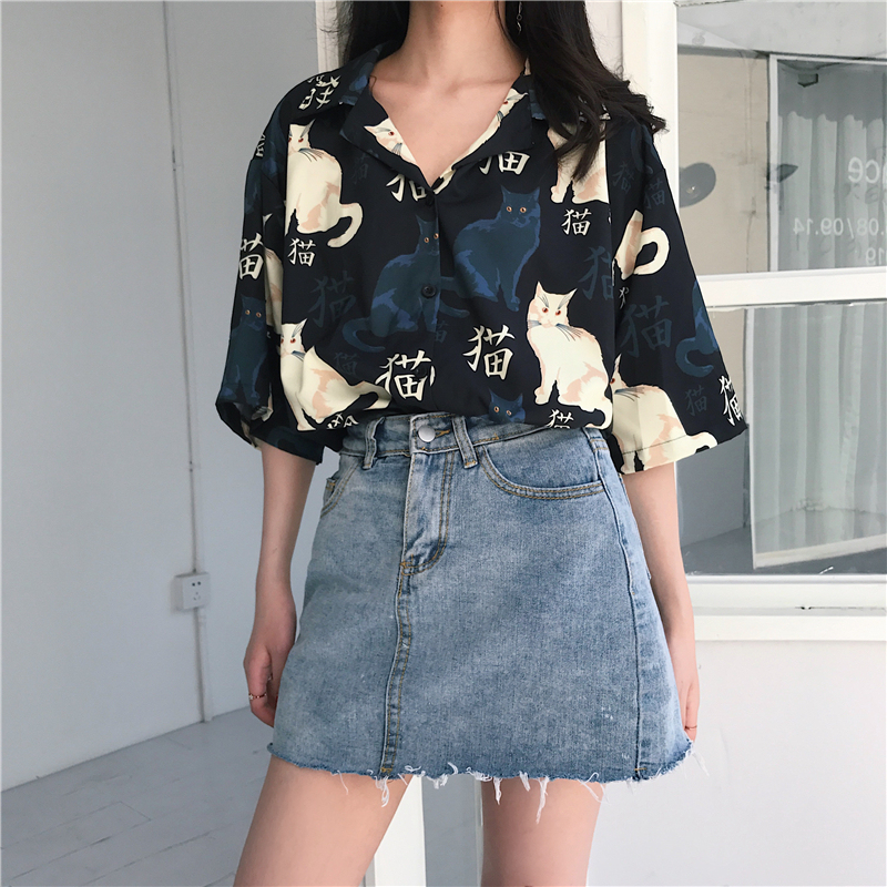 Floral Shirt for Women, Vintage Style, Short-Sleeved, Loose, Vintage Trendy Retro Japanese Hong Kong Style Printed Cat Floral Shirt for Summer
