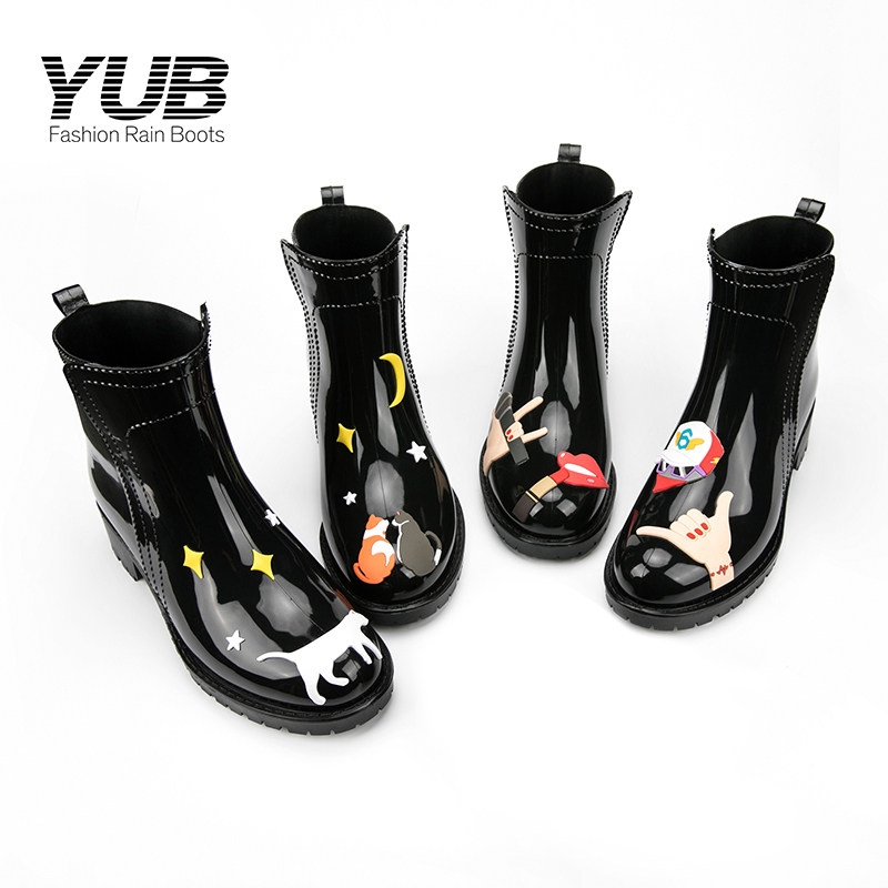 YUB rain shoes women's fashion city Korean version of cute rain boots middle tube waterproof non-slip water boots Adult rubber shoes galoshes