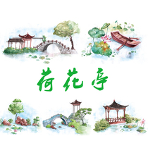 Three Ferry Special Oil and Paper Adhesive Tape Lotus Kiosk China Ancient Wind Small Bridge Flowing Water DIY Handbill Collage material 48mm