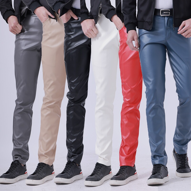 Spring and Summer Thin Cross-Border Youth Leather Pants for Men, Stretchy Slim-Fit Fashionable Colorful White Bar Influencer Leather Pants for Men
