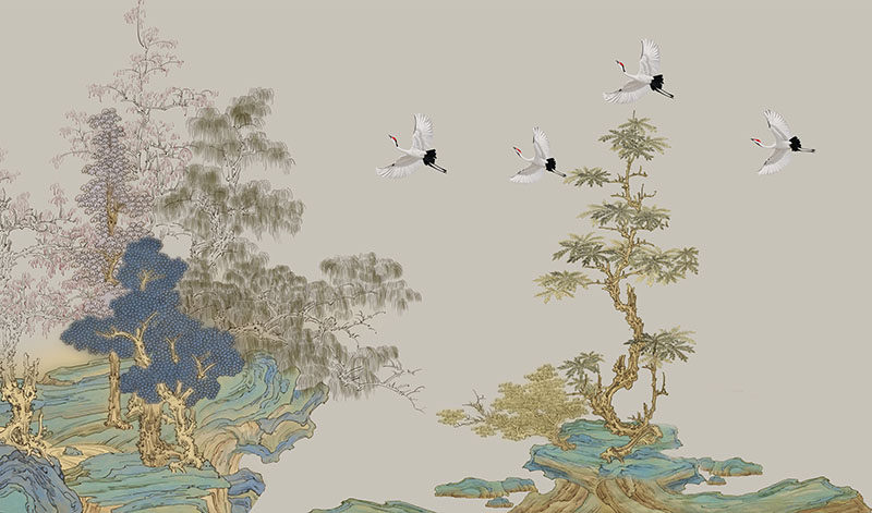 背景墙新中式松树