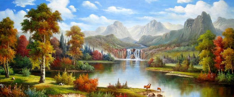 手绘油风景白桦树