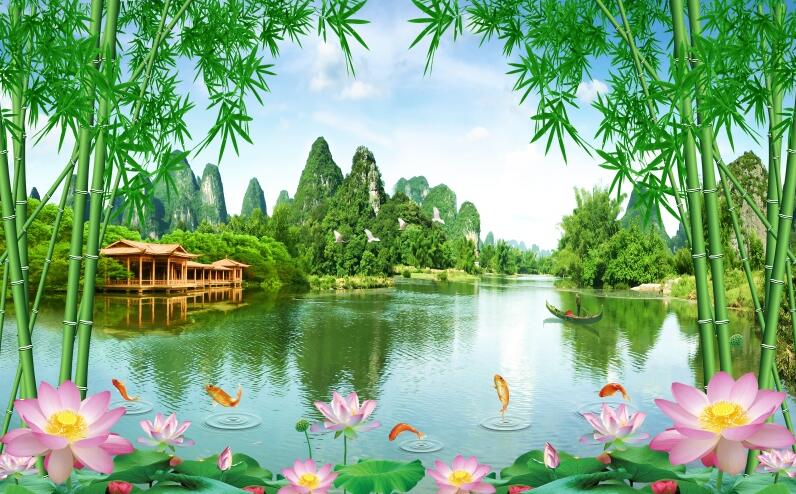 竹林荷花九鱼中式