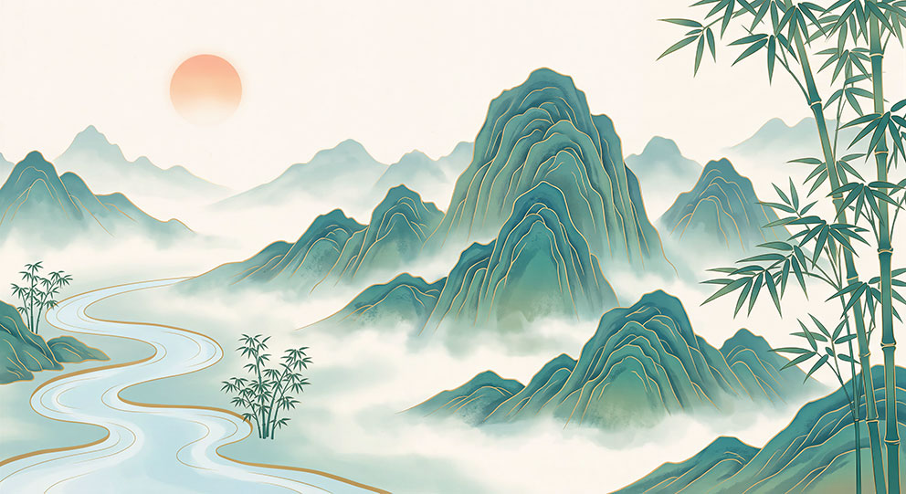 新中式水彩绿色山