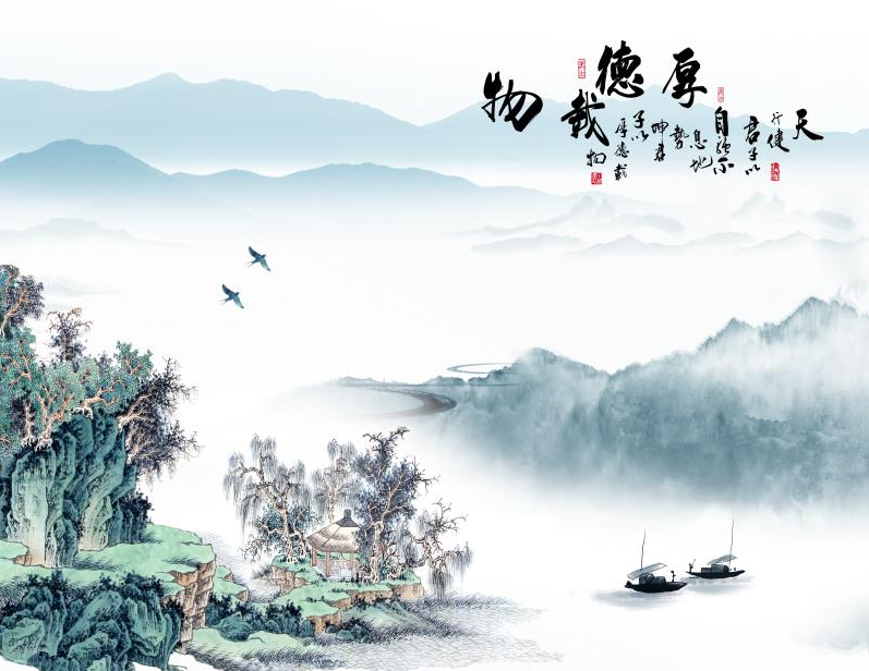 中式手绘山水背景